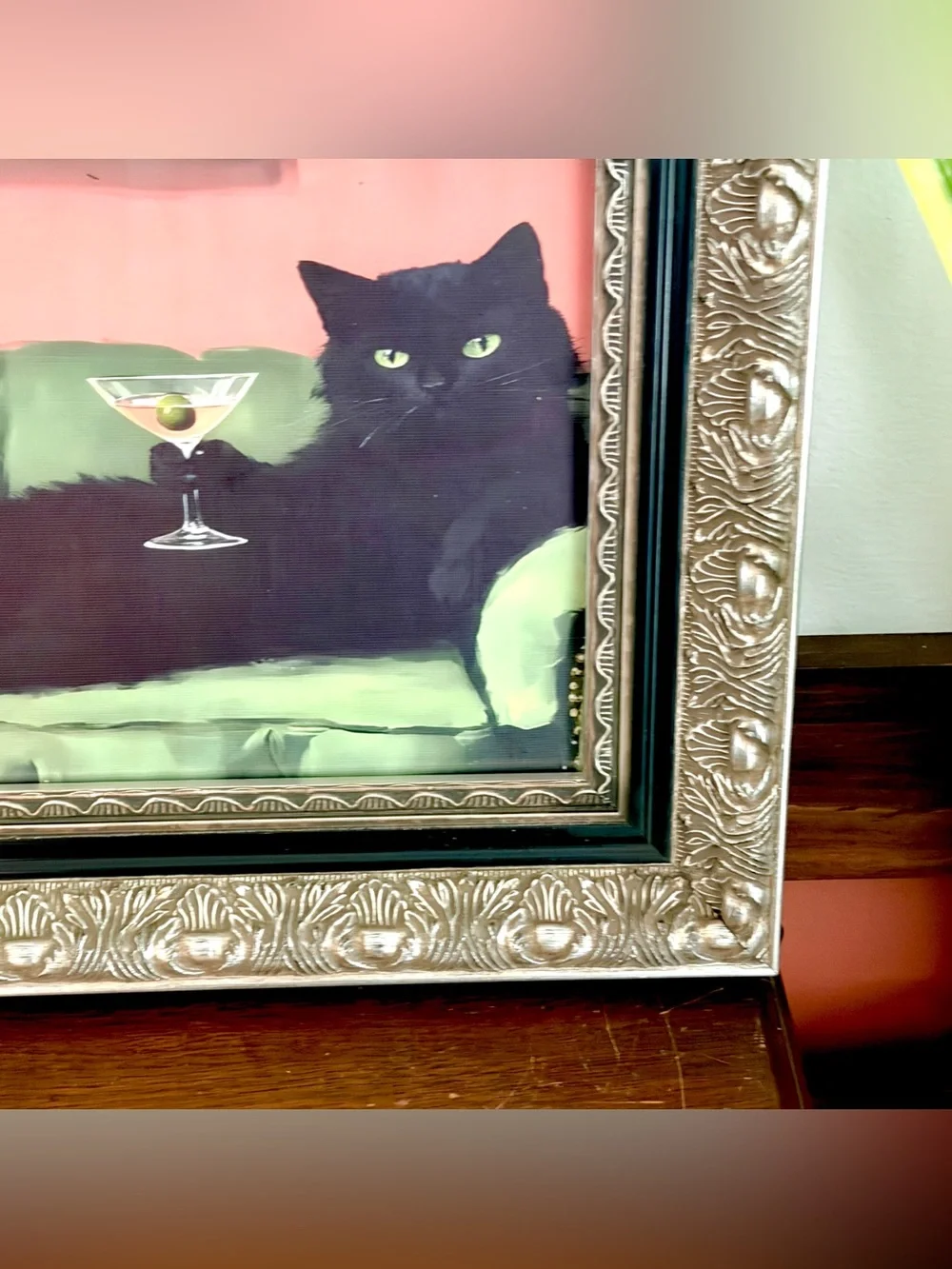 Black Cat Martini Olive Canvas Art Print Green Couch Baroque Ornate Framed Art